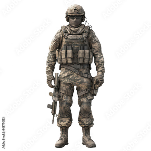 A skilled soldier standing in tactical gear, equipped for combat and ready for action in a military environment , PNG , transparent background
