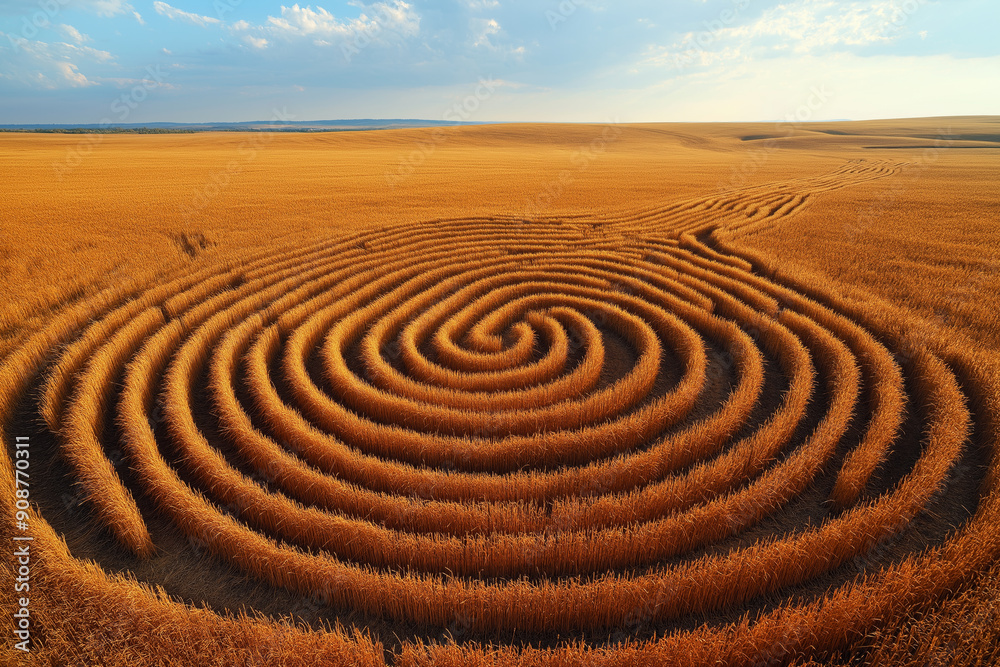 Aerial view of a large spiral crop circle pattern meticulously carved into a vast, golden wheat field under a blue sky Aerial view of a large spiral crop circle pattern meticulously carved into a vast, golden wheat field under a blue sky