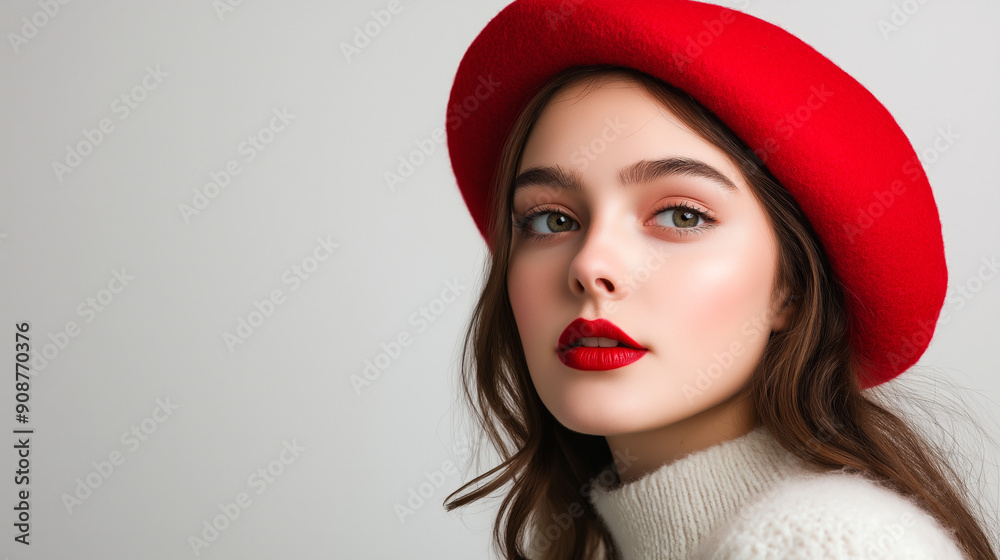 Close-up portrait of a fashionable French young woman wearing a red beret and matching red lipstick, showcasing modern elegance and style Close-up portrait of a fashionable French young woman wearing a red beret and matching red lipstick, showcasing modern elegance and style