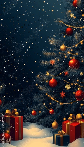 A festive Christmas scene featuring a beautifully decorated tree surrounded by colorful gifts in a snowy landscape.