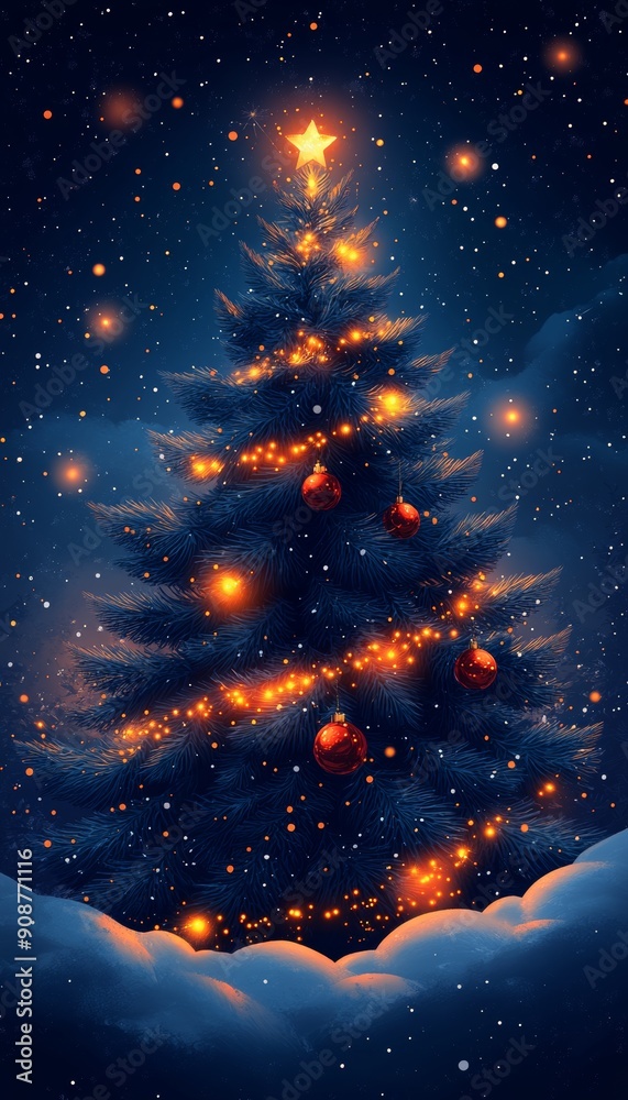 A festive Christmas tree adorned with glowing lights and decorations, set against a beautiful snowy night sky. A festive Christmas tree adorned with glowing lights and decorations, set against a beautiful snowy night sky.