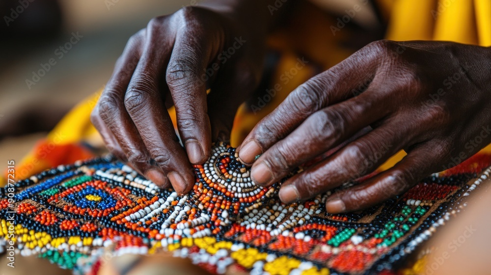 Hadza artisans expertly create intricate beadwork using vibrant colors and traditional techniques, showcasing their cultural craftsmanship at sunset