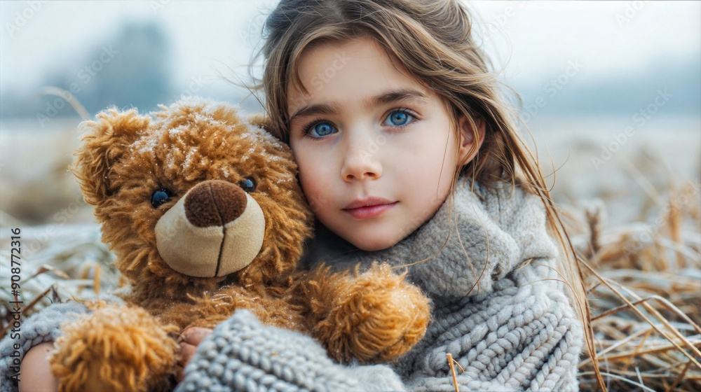 Young girl with long brown hair is holding a brown teddy bear, sitting in a winter field Young girl with long brown hair is holding a brown teddy bear, sitting in a winter field