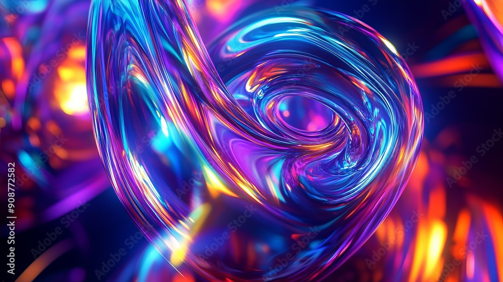 Neon-colored patterns swirling in a hypnotizing glass 3D shape, creating an abstract design from another world. Neon-colored patterns swirling in a hypnotizing glass 3D shape, creating an abstract design from another world.