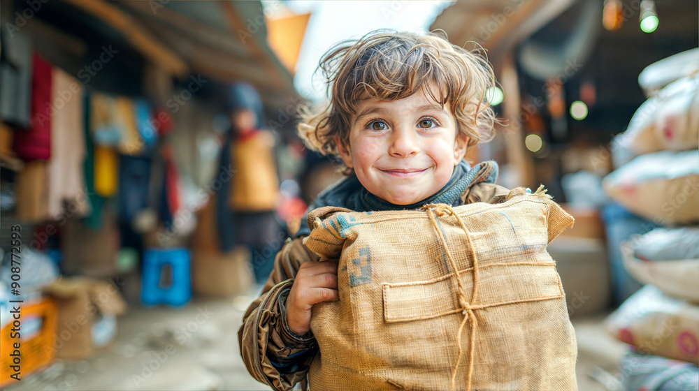 Young boy with curly hair smiles while carrying a large sack on his back in a busy market Young boy with curly hair smiles while carrying a large sack on his back in a busy market