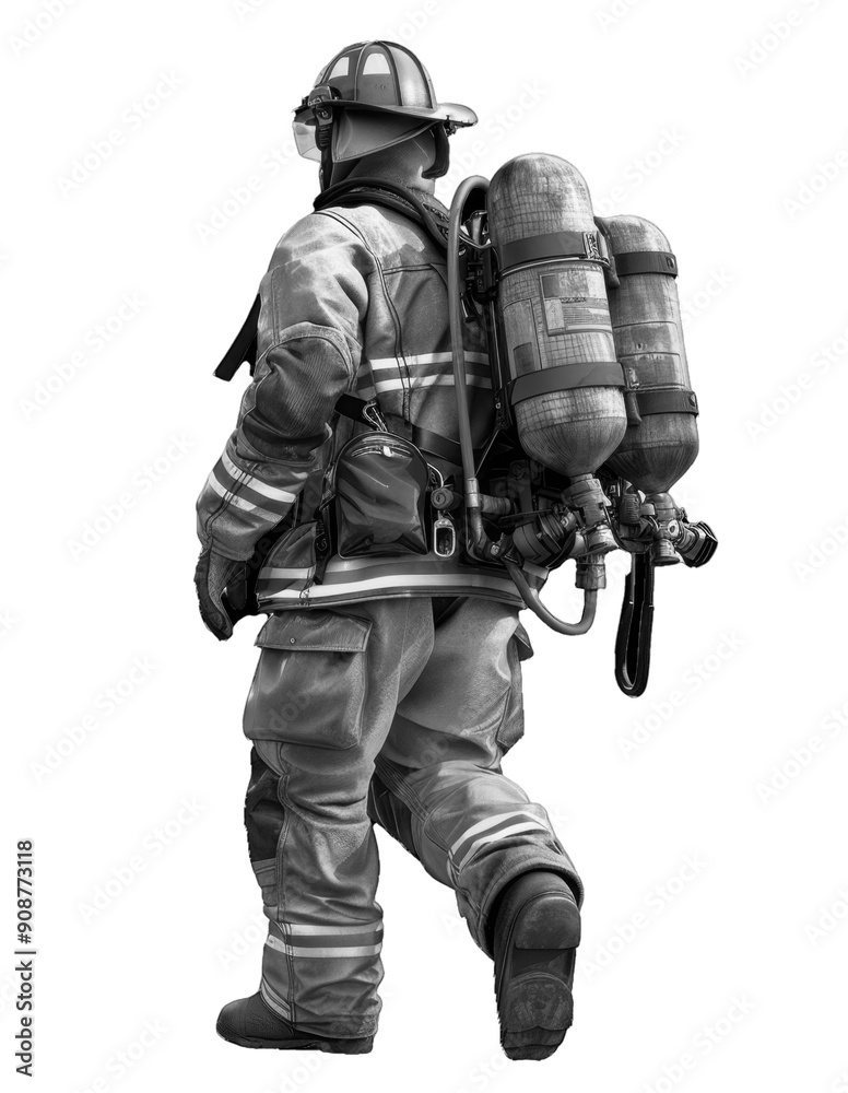 Firefighter in uniform walking away, equipped with air tank, showcasing bravery and readiness for emergency response , PNG , transparent background Firefighter in uniform walking away, equipped with air tank, showcasing bravery and readiness for emergency response , PNG , transparent background