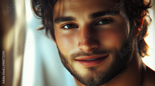 andsome man with thick brown hair photo