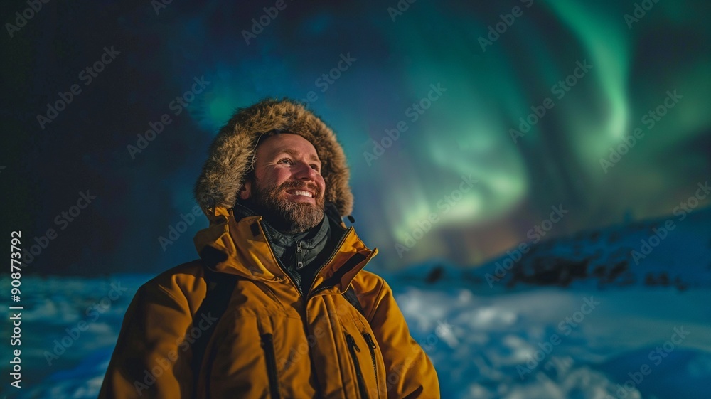 image of a happy man gazing out at the magnificent Northern Lights against a backdrop of snowy winter scenery. image of a happy man gazing out at the magnificent Northern Lights against a backdrop of snowy winter scenery.