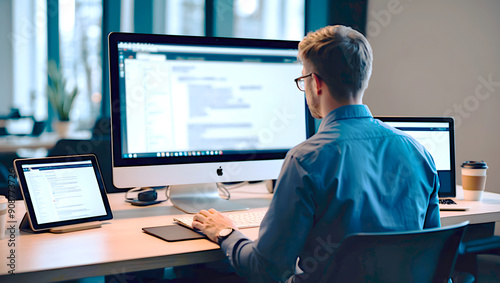 Young Man Deep in Creative Work at Computer in Office Setting photo