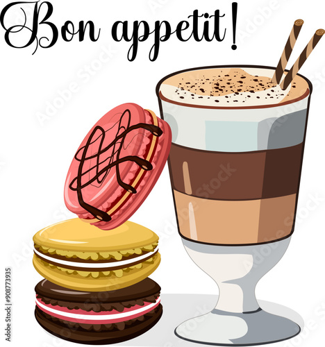 Coffee drink and macaroons.Vector illustration with coffee drink in a glass and colorful macaroons.