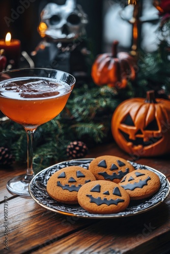 Halloween style cookies on a plate. Selective focus