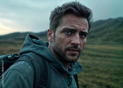 man in a green hoodie taking a selfie in a mountainous landscape with a backpack.