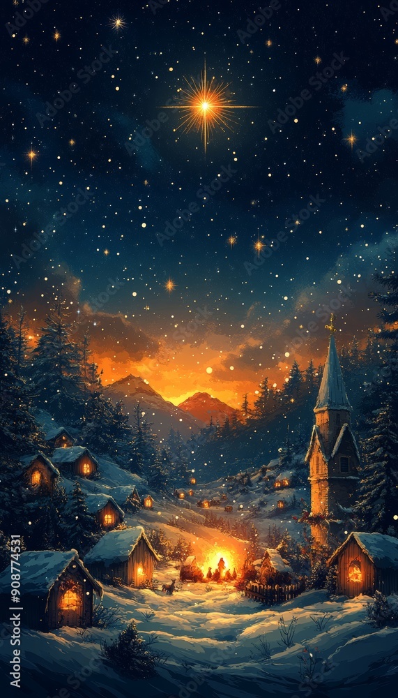 A serene winter landscape features a starry night over a cozy village, illuminated by warm lights and a glowing campfire. A serene winter landscape features a starry night over a cozy village, illuminated by warm lights and a glowing campfire.