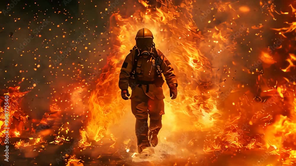 Firefighter Walking Through Flames During a Fire Rescue Operation