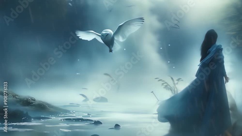 Mystical Woman in Blue Dress Standing Near a Misty Lake with a Flying White Owl