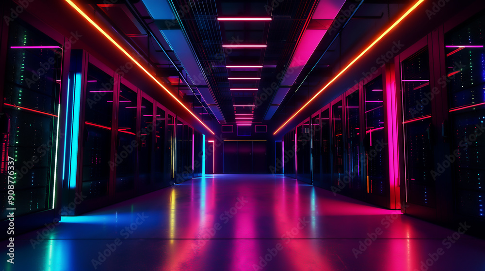 Modern data center corridor illuminated by vivid neon lights in pink, blue, and purple tones creating a futuristic and high-tech ambiance. Modern data center corridor illuminated by vivid neon lights in pink, blue, and purple tones creating a futuristic and high-tech ambiance.