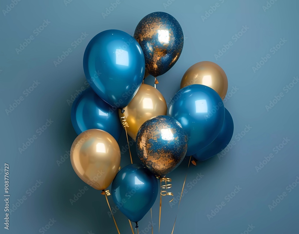 Happy birthday party balloons in dark blue and gold color on solid background. Abstract balloon bouquet for greeting card, banner or poster design. Happy birthday party balloons in dark blue and gold color on solid background. Abstract balloon bouquet for greeting card, banner or poster design.