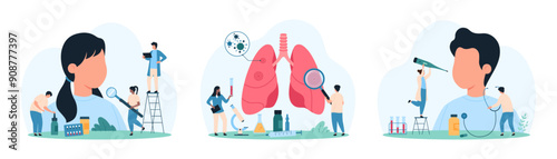 Diagnosis and treatment of respiratory disease set. Tiny people with magnifying glass examine human lung, check health of sick boy and girl with stethoscope and thermometer cartoon vector illustration