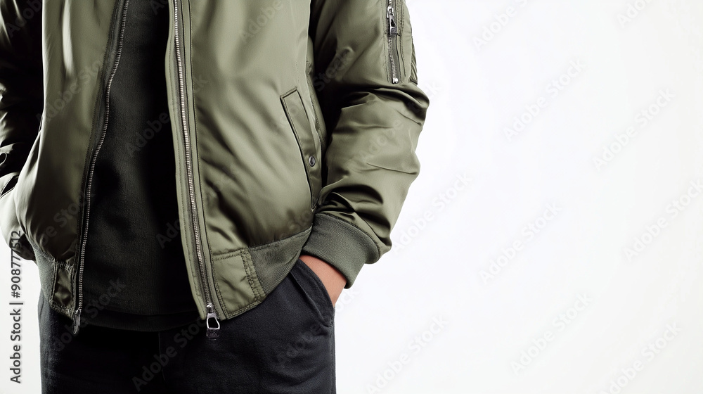 A man in a green jacket is standing with his arms crossed. The jacket is made of a shiny material and has a zipper on the front. On white background.Generative ai. A man in a green jacket is standing with his arms crossed. The jacket is made of a shiny material and has a zipper on the front. On white background.Generative ai.