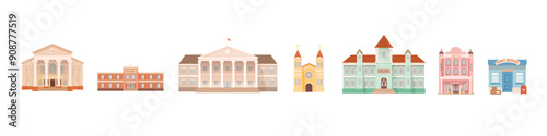 City building illustrations set. Exterior facades of university government school college hotel post office church theatre. Urban infrastructure infographics.