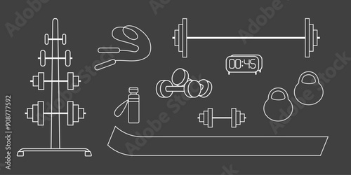 Gym equipment for workout set. Training accessories for sport club or home exercises. Bodybuilding, weightlifting. Dumbbells, barbells, jump rope, mat, icons. Isolated flat vector illustration.