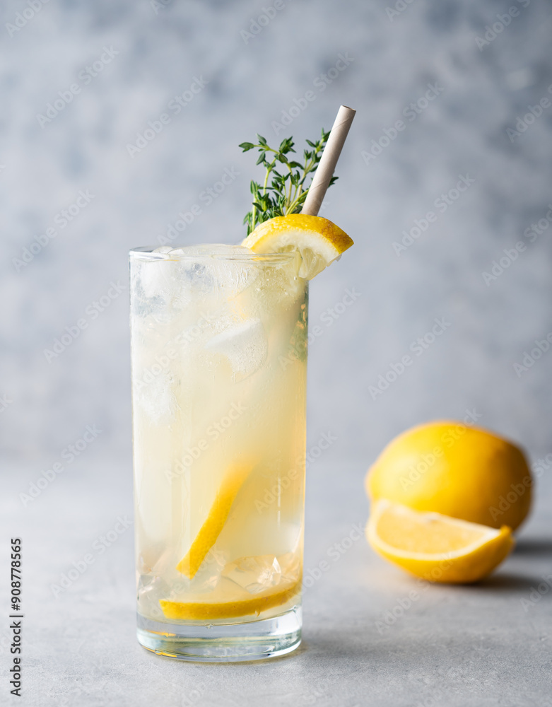 Fototapeta premium Freshness mojito drink with lemon, mint and ice. Citrus lemonade on a blue background and fruits close up.