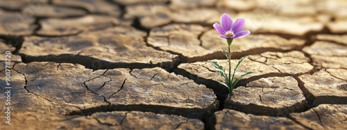 one flower grows in dry soil. Selective focus