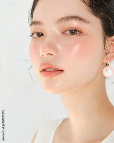 Elegant Close-Up Portrait of a Young Woman with Natural Makeup and Soft Pink Earrings