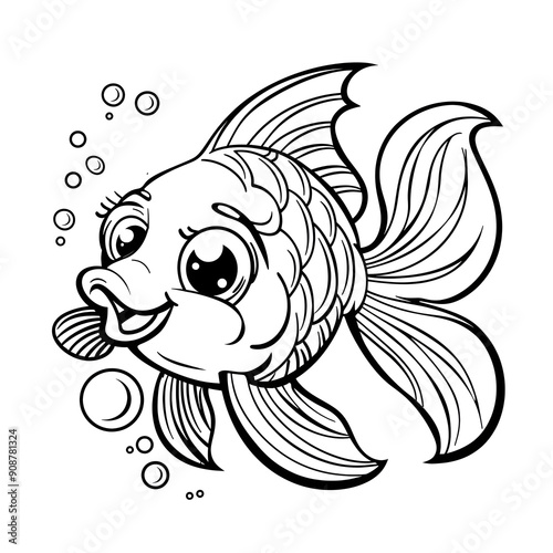 Adorable Fish Coloring Page Illustration for Kids with Detailed Underwater Scene 
