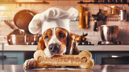 A funny image of a dog in a chef hat, attempting to bake a giant bone-shaped cookie in a kitchen