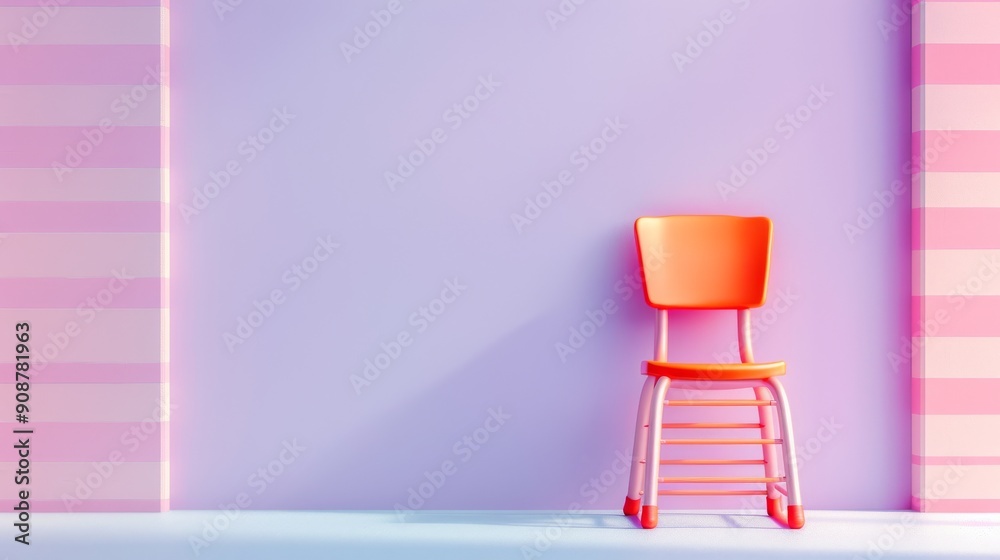 A vibrant orange chair against a pastel purple wall with pink striped accents, perfect for modern interior design aesthetics.