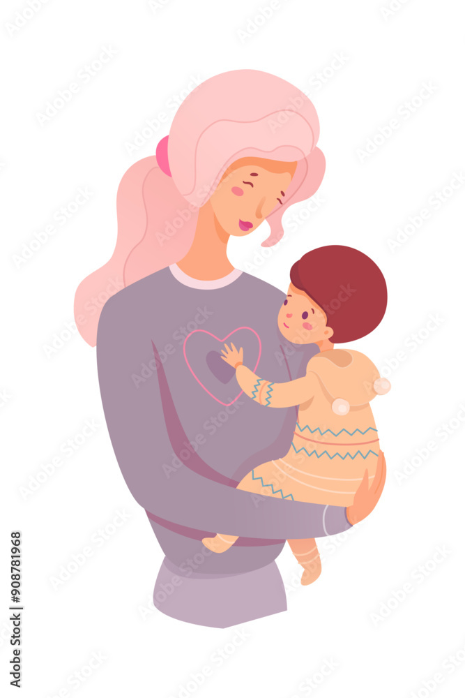 Happy single mother holding baby in hands. Care young mom with infant. Modern woman carrying little child. Colored flat vector illustration isolated on white background. Happy single mother holding baby in hands. Care young mom with infant. Modern woman carrying little child. Colored flat vector illustration isolated on white background.