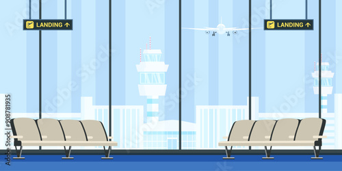 Airport terminal waiting room with chairs. Wait hall interior cartoon vector illustration. Monitors with timetable, arrival schedule. Airline industry. International travel, tourism, transportation.