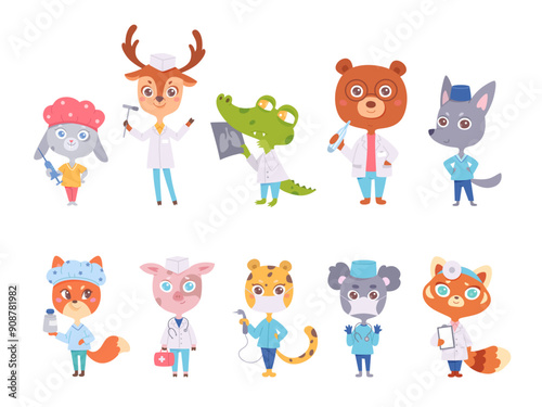 Cartoon animal doctors vector set. Funny cute smiling different animals with medical tools, stethoscope and syringe. Fun design for school, kindergarten, children, pediatric clinics and hospitals.