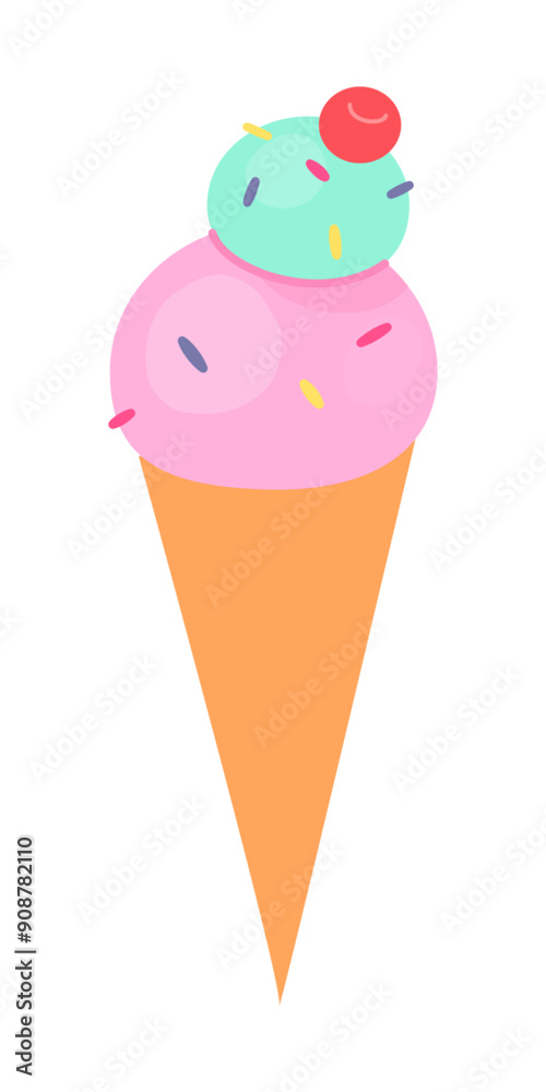 Ice cream waffle cone. Summer sweet food. Delicious creamy dessert, summer delicacy. Cartoon vector illustration isolated on white background. Ice cream waffle cone. Summer sweet food. Delicious creamy dessert, summer delicacy. Cartoon vector illustration isolated on white background.