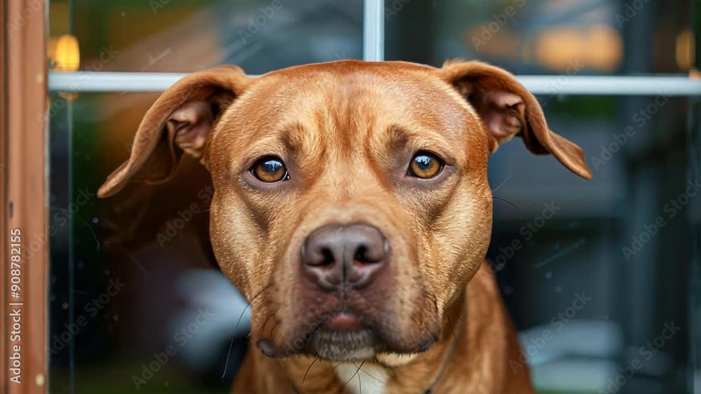 A brown dog is looking out of a window. The dog is staring at something outside A brown dog is looking out of a window. The dog is staring at something outside