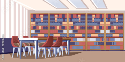 Library interior of reading room. Empty school or university library with bookshelves full of old books, tables, chairs for studying. Meeting room. Cartoon vector illustration.