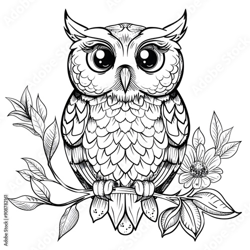 Adorable Owl Coloring Page Illustration for Kids with Intricate Details Lines 