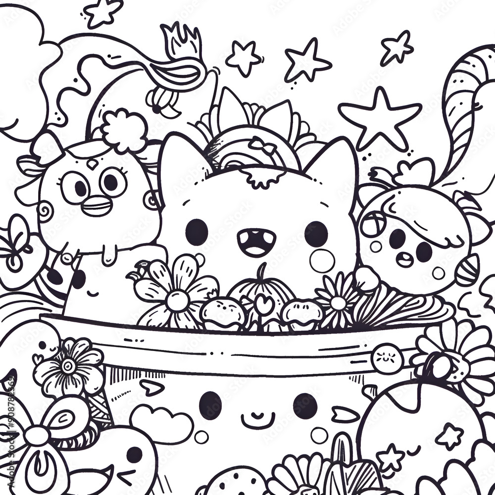 Fototapeta premium Adorable Bunny Coloring Page Illustration for Kids with Detailed Floral Scene 