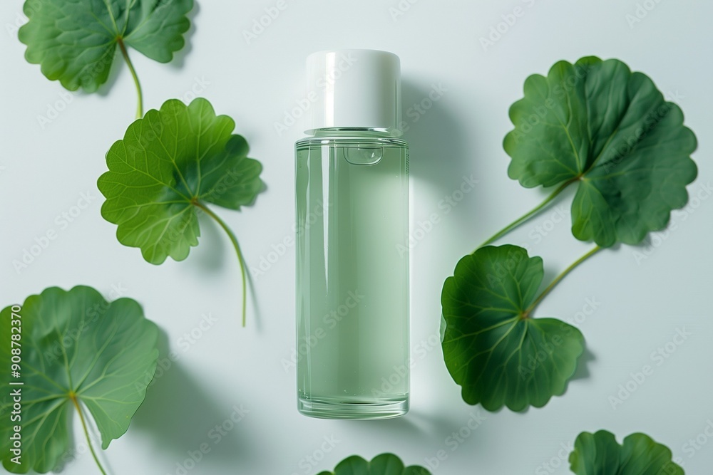 A bottle of Centella Asiatica toner or essence on a white background. Ideal for sensitive skin. A bottle of Centella Asiatica toner or essence on a white background. Ideal for sensitive skin.