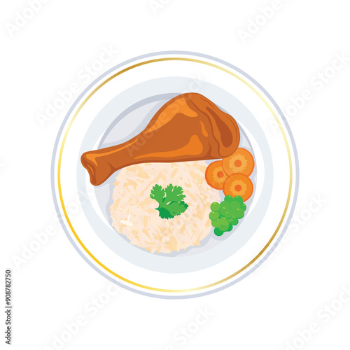 Roasted chicken leg and rice on a plate top view vector illustration. Baked chicken leg, rice and vegetable garnish view from above icon isolated on a white background