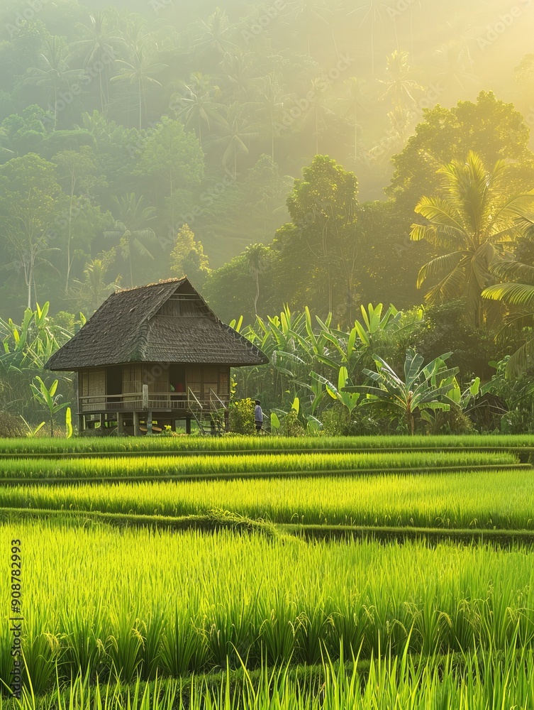 Fototapeta premium A panoramic image of a traditional rice field with a rustic wooden hut and a few farmers working in the field