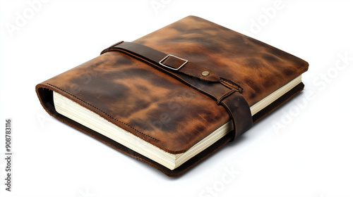 A leather bound book with a brown cover. Notebook with a leather cover for university students on white background.Generative ai illustration.