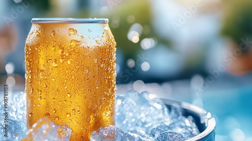 Chilled can of beverage surrounded by ice, perfect for summer refreshment and outdoor gatherings. photo