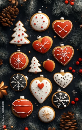 Deliciously decorated gingerbread cookies for Christmas and holidays, featuring festive shapes and vibrant colors on a dark background.