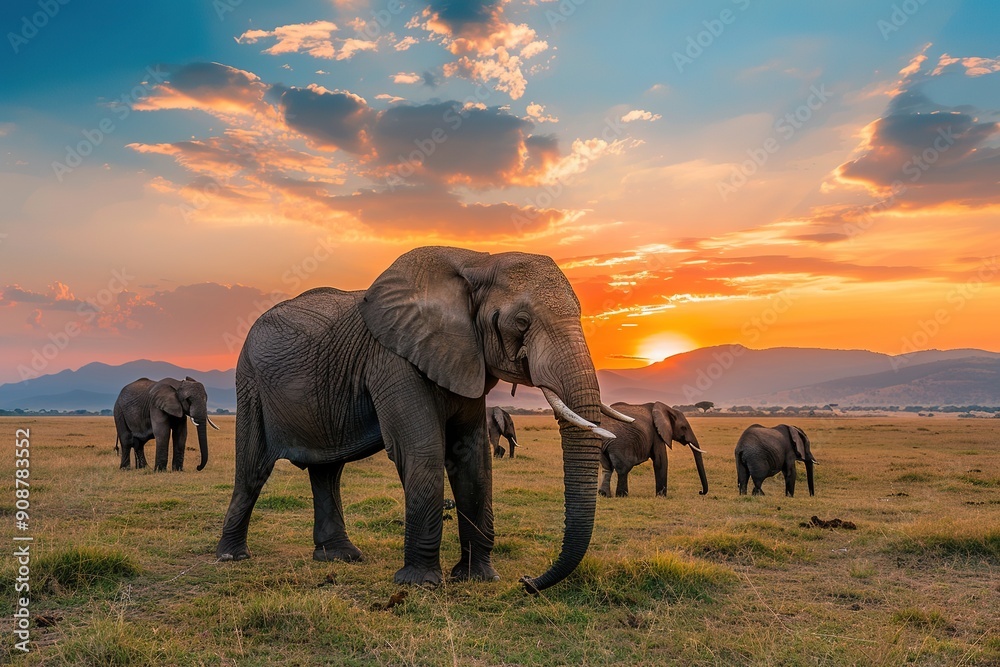 Fototapeta premium Sunset savanna scene with elephants, warm sky backdrop