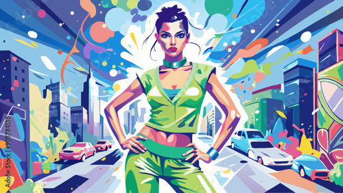 Vibrant Urban Fashion Model in Dynamic Cityscape Illustration