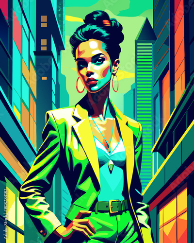 Vivid Urban Fashion: Stylish Woman in Neon Cityscape