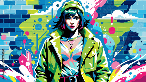 Colorful Urban Graffiti Background with Stylish Woman Illustration