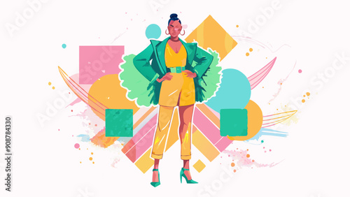 Fashionable Woman Posing with Vibrant Abstract Background